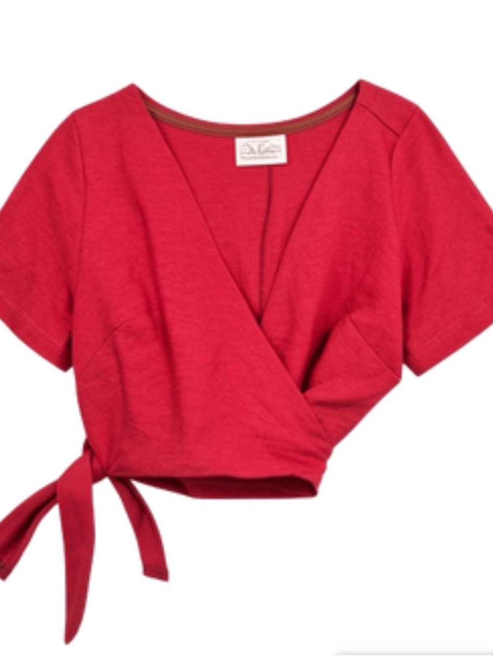 Raspberry Red/Pink Linen Wrap Short-Sleeve Crop Top
